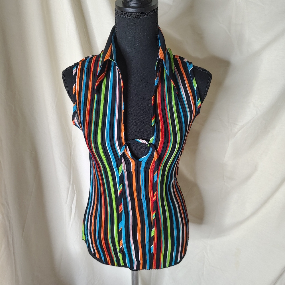 Colorful Striped Sleeveless Tank Top with Deep V plunge